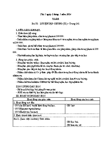 Giáo án Tiếng Việt + Toán 3 - Tuần 34 (Thứ 5-6) - Năm học 2023-2024 - Nguyễn Thị Yến Nhi
