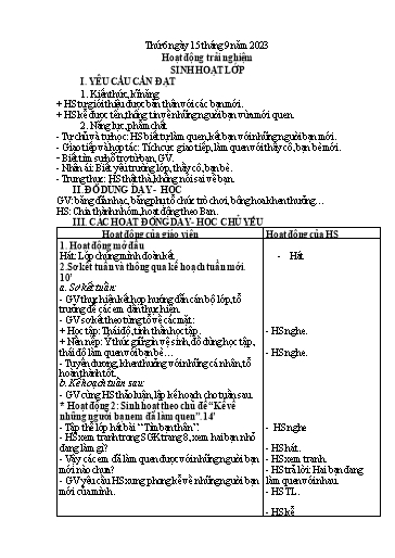 Kế hoạch bài dạy Hoạt động trải nghiệm 1 - Năm học 2023-2024 - Nguyễn Thị Yến Nhi