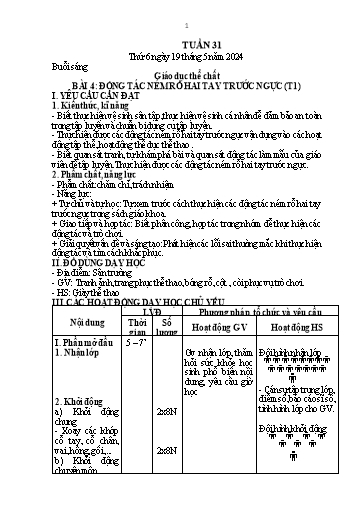 Kế hoạch bài dạy Hoạt động trải nghiệm + Giáo dục thể chất 1 - Tuần 31 (Thứ 6) - Năm học 2023-2024 - Trần Thị Thanh Hương