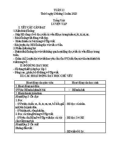 Kế hoạch bài dạy môn Tiếng Việt + Toán 1 - Tuần 12 (Thứ 5+6) - Năm học 2023-2024 - Trần Thị Thanh Hương