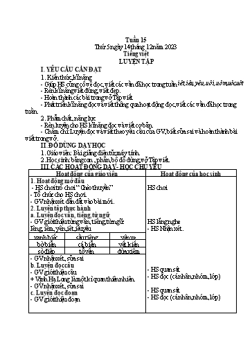 Kế hoạch bài dạy môn Tiếng Việt + Toán 1 - Tuần 15 - Năm học 2023-2024 - Trần Thị Thanh Hương
