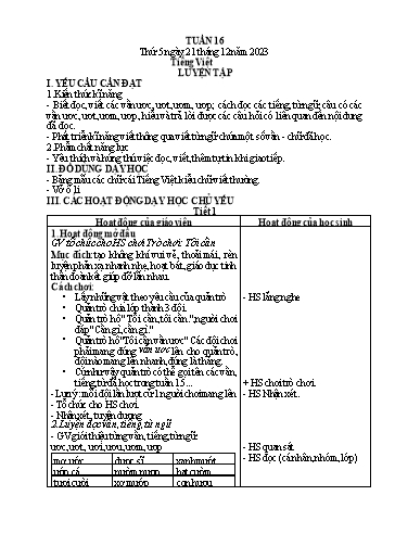 Kế hoạch bài dạy môn Tiếng Việt + Toán 1 - Tuần 16 - Năm học 2023-2024 - Trần Thị Thanh Hương