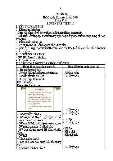 Kế hoạch bài dạy môn Tiếng Việt + Toán 1 - Tuần 19 (Thứ 5+6) - Năm học 2023-2024 - Trần Thị Thanh Hương