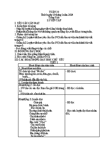 Kế hoạch bài dạy môn Tiếng Việt + Toán 1 - Tuần 20 (Thứ 5+6) - Năm học 2023-2024 - Trần Thị Thanh Hương
