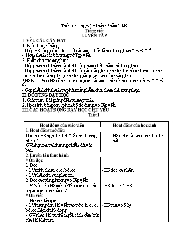 Kế hoạch bài dạy môn Tiếng Việt + Toán 1 - Tuần 4 (Thứ 5+6) - Năm học 2023-2024 - Trần Thị Thanh Hương
