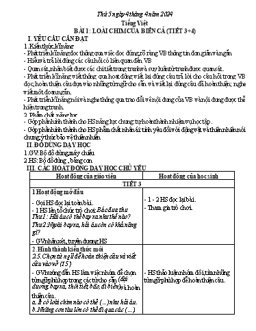 Kế hoạch bài dạy Tiếng Việt 1 - Bài 1: Loài chim của biển cả (Tiết 3+4) - Năm học 2023-2024