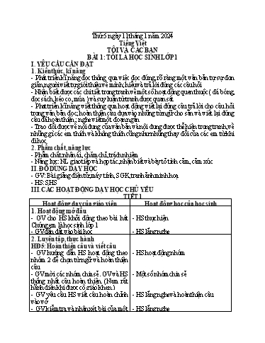 Kế hoạch bài dạy Tiếng Việt 1 - Bài 1: Tôi là học sinh lớp 1 - Năm học 2023-2024 - Trần Thị Hồng Thúy