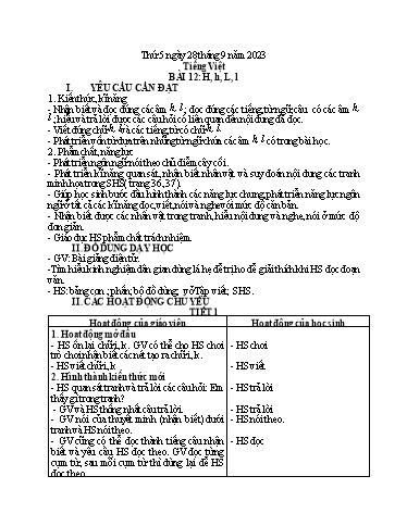 Kế hoạch bài dạy Tiếng Việt 1 - Bài 12: H h, L l - Năm học 2023-2024 - Trần Thị Hồng Thúy