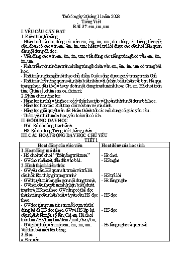 Kế hoạch bài dạy Tiếng Việt 1 - Bài 37: Em, im, um - Năm học 2023-2024