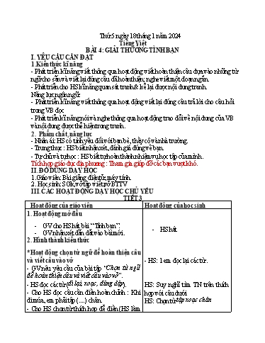 Kế hoạch bài dạy Tiếng Việt 1 - Bài 4: Giải thưởng tình bạn - Năm học 2023-2024 - Trần Thị Hồng Thúy