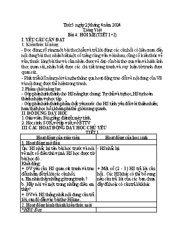 Kế hoạch bài dạy Tiếng Việt 1 - Bài 4: Hỏi mẹ (Tiết 1+2) - Năm học 2023-2024