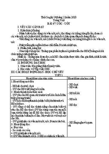 Kế hoạch bài dạy Tiếng Việt 1 - Bài 67: Uôc, uôt - Năm học 2023-2024 - Trần Thị Hồng Thúy