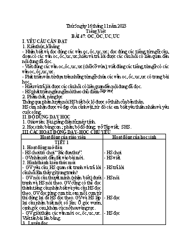 Kế hoạch bài dạy Tiếng Việt 1 - Bài 7: Oc, ôc, uc, ưc - Năm học 2023-2024 - Trần Thị Hồng Thúy