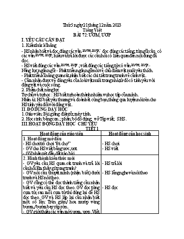 Kế hoạch bài dạy Tiếng Việt 1 - Bài 72: ươm, ươp - Năm học 2023-2024 - Trần Thị Hồng Thúy