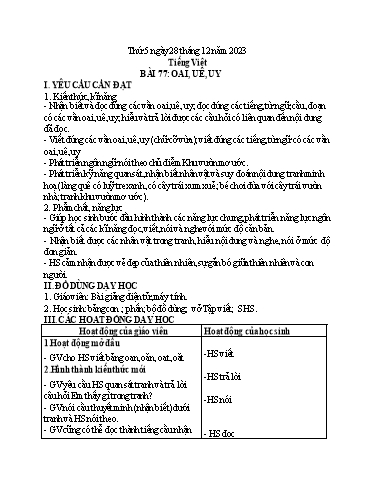 Kế hoạch bài dạy Tiếng Việt 1 - Bài 77: Oai, uê, uy - Năm học 2023-2024 - Trần Thị Hồng Thúy