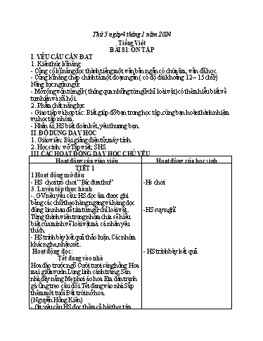 Kế hoạch bài dạy Tiếng Việt 1 - Bài 81: Ôn tập - Năm học 2023-2024