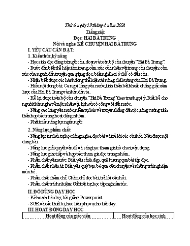 Kế hoạch bài dạy Tiếng Việt 1 - Bài (Đọc): Hai Bà Trưng. (Nói và nghe): Kể chuyện Hai Bà Trưng - Năm học 2023-2024 - Nguyễn Thị Yến Nhi