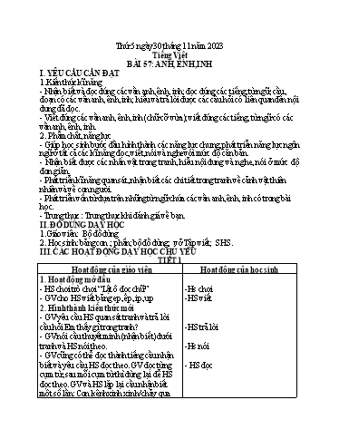 Kế hoạch bài dạy Tiếng Việt - Bài 57: Anh, ênh, inh - Năm học 2023-2024 - Trần Thị Hồng Thúy