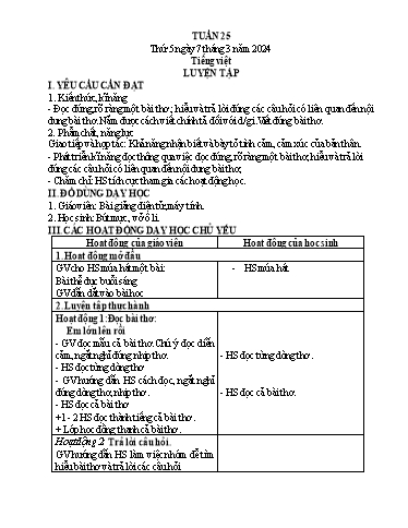 Kế hoạch bài dạy Tiếng Việt + Toán 1 - Tuần 25 (Thứ 5-6) - Năm học 2023-2024 - Trần Thị Thanh Hương