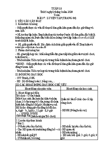 Kế hoạch bài dạy Tiếng Việt + Toán 1 - Tuần 33 (Thứ 5+6) - Năm học 2023-2024 - Nguyễn Thị Ánh Tuyết