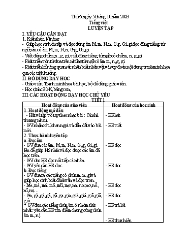 Kế hoạch bài dạy Tiếng Việt + Toán 1 - Tuần 5 (Thứ 5+6) - Năm học 2023-2024 - Nguyễn Thị Yến Nhi
