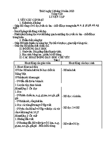 Kế hoạch bài dạy Tiếng Việt + Toán 1 - Tuần 6 (Thứ 5+6) - Năm học 2023-2024 - Nguyễn Thị Yến Nhi