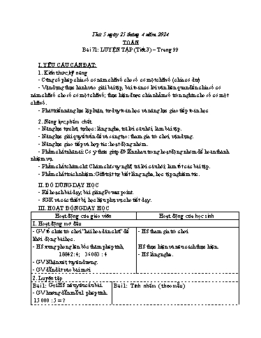 Kế hoạch bài dạy Toán 1 - Bài 71: Luyện tập (Tiết 3) - Năm học 2023-2024 - Nguyễn Thị Yến Nhi